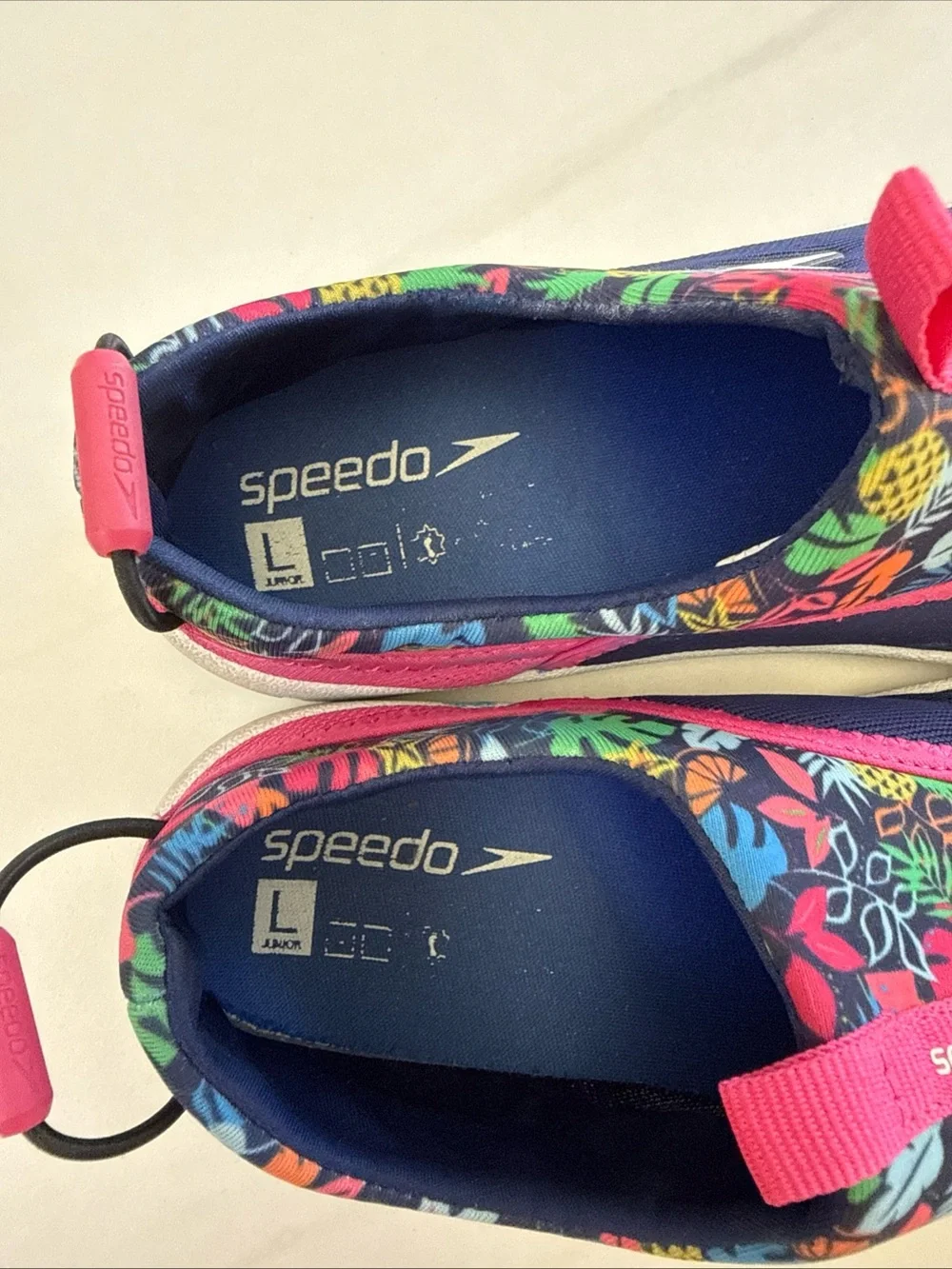 Speedo Navy and Pink Kids Slip-On Water Shoes with Tropical Print